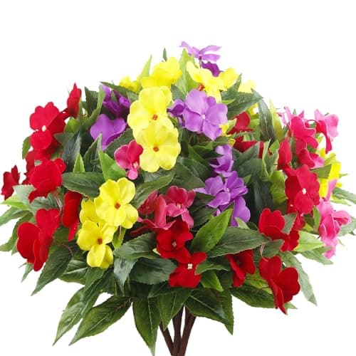 FAICOIA 4 Pcs Artificial Impatiens Flowers for Outdoors Faux Impatiens Bushes Colorful Silk Flowers Greenery Artificial Impatiens Bouquet for Patio Lawn Garden Pot Hanging Basket Porch Decoration