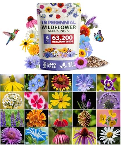 HOME GROWN Wildflower Seeds Bulk Mix | 63,200+ Non-GMO Perennial Flower Seed for Outdoor Planting | 19 Varieties to Attract Bees, Butterflies & Hummingbirds | 4 oz