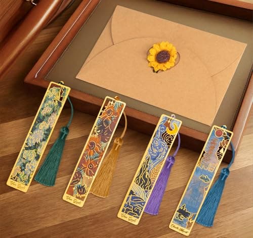 4 Pieces Metal Bookmarks Exquisite with Tassel,Golden Hollow Bookmark with Envelopes,Oil Painting Theme Vintage Book Mark,Pretty Bookmarks for Friends Teachers Students Birthday Present