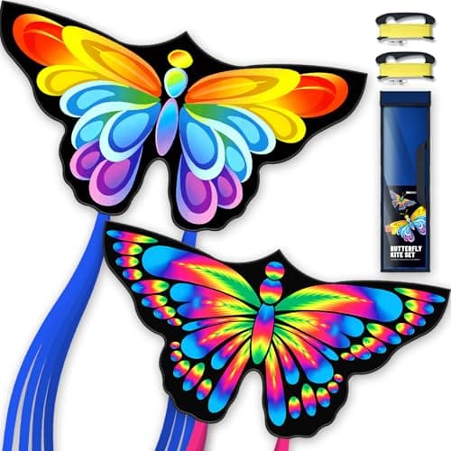 Doinfly 2 Pack Butterfly Kites, for Kids and Adults, Easy to Fly for Beginners, 55" x 27" with Vibrant Print and Winder, Perfect for Beach, Park, Backyard Flying & Family Outdoor Activities