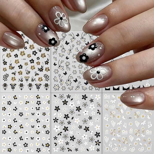 6 Sheets Spring Flower Nail Stickers 3D Self-Adhesive Black White Floral Nail Decals Daisy Nail Stickers for Women DIY Manicure Decorations