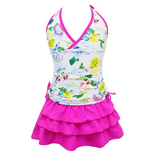 qyqkfly Girls’ 2 Piece 4Y-15Y Florence Adjustable Tankini Swimsuit (FBA) (Large(12), Rose Red)