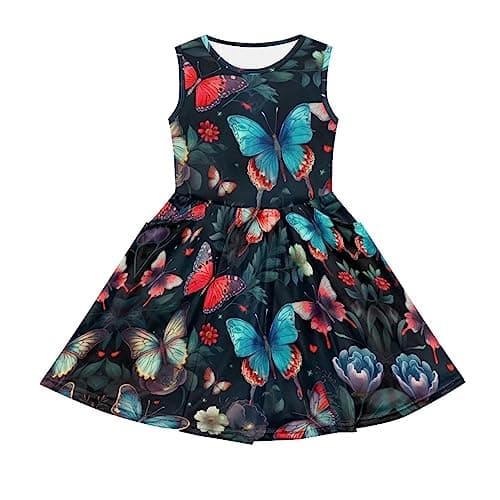 Cute Black Butterfly Dress for Girls Loose Fit Swing Flared Twirly Sleeveless Playwear Summer Dress Size 5-6 Little Girls Party Beach Birthday Casual Sundress Summer Outfits A Line Princess Dress