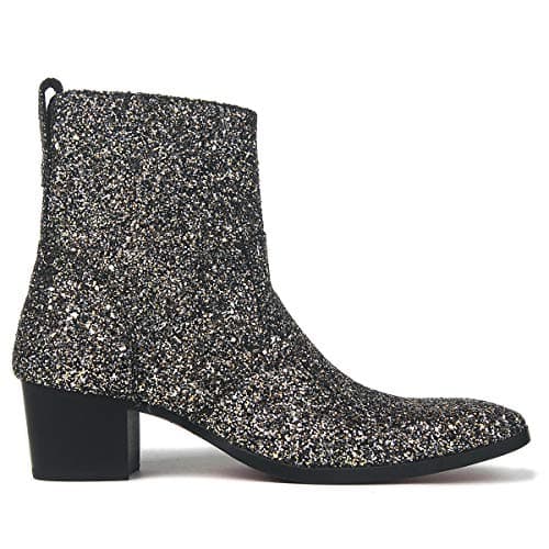 OSSTONE Dress Boot For Men Leather Glitter Chukka Designer Boots Casual Heel Shoes Zipper-up JY009-Silver Black-10