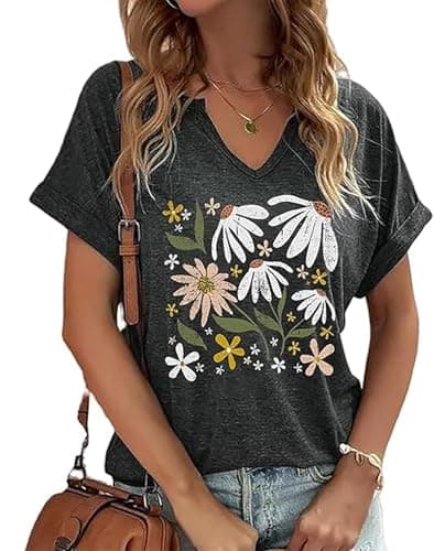 Womens Vintage Flowers V Neck Shirt Boho Floral Wildflowers Graphic Tee Casual Graphic Tees Tops for Girl(Medium,Dark Grey-02)