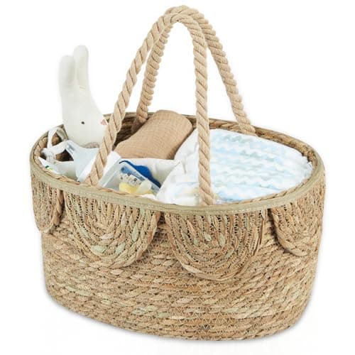 FairyHaus Diaper Caddy Organizer, Portable Natural Wicker Diaper Caddy with Rope Handles and Cotton Divider, Handwoven Seagrass Diaper Caddy Basket with Scalloped Edge for Nursery Picnic