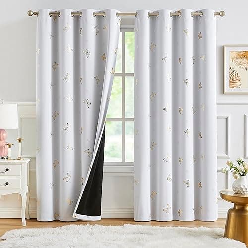 Jubilantex Metallic Butterfly Blackout Curtains 95" Long for Kids Bedroom White Gold Print Floral Butterfly Curtains with Black Layer,Grommet Top