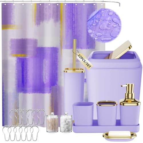 XLHOMO Purple Bathroom Accessories Set, Bathroom Sets with Shower Curtain, Purple Bathroom Accessories with Trash Can, Soap Dispenser, Soap Dish, Toilet Brush Holder, Qtip Holders for Bathroom