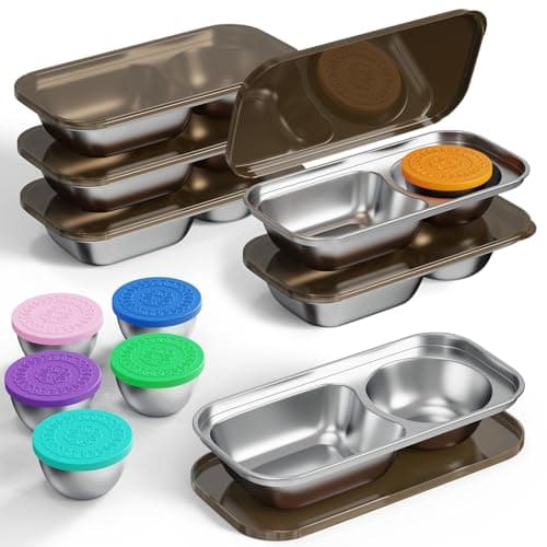 ENCYS Set of 6 Stainless Steel Snack Containers with Lid,2 Compartment Grab and Go Snack Containers Reusable,Lunch Box Containers for Travel, Outdoor Camping and Daily Use
