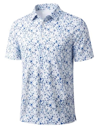 MAGCOMSEN Golf Shirts for Men Short Sleeve Moisture Wicking Casual Print Collared Polo Shirts Blue White Splash S