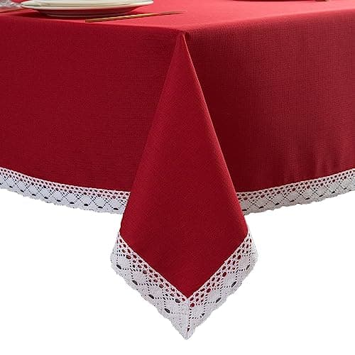 EHouseHome Faux Linen Tablecloth with Lace Trim - Waterproof/Spill Proof/Stain Resistant/Wrinkle Free/Oil Proof - for Banquet, Parties, Dinner,Wedding,Holiday,Red, Rectangle 60x102Inch