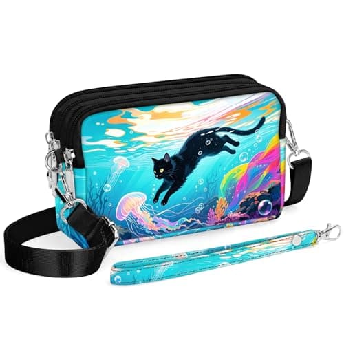 Small Crossbody Bag for Women Small Shoulder Handbags Nylon Quilted 3 Zippers Cell Phone Wallet Bag Purse for Women (Blue Sea Cat)