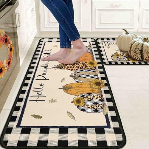 OUXIOAZ Buffalo Plaid Hello Pumpkin Fall Kitchen Rugs Set of 2, Farmhouse Sunflower Pumpkins Kitchen Decor for Floor - Fall Decorations for Home 17"x47"+17"x30"