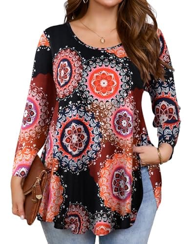 JollieLovin Womens 3/4 Sleeve Loose Fit Swing Tunic Tops Basic T Shirt(Medium,Flower24)