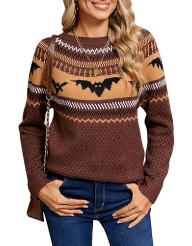 Women's Fair Isle Sweater Crew Neck Long Sleeve Fall Vintage Knit Tops