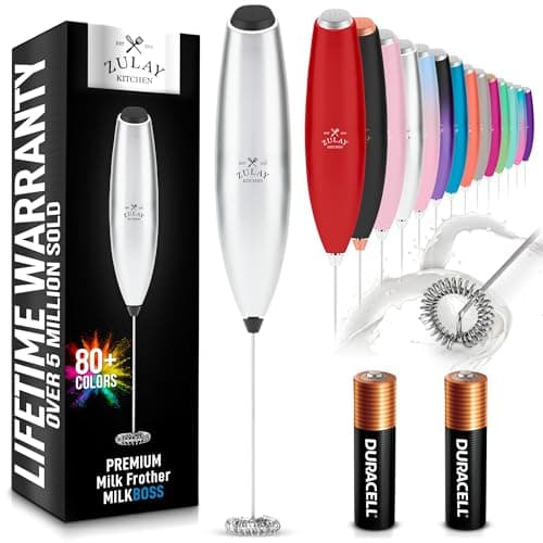 Zulay Kitchen Handheld Milk Frother with Duracell AA Batteries – Ultra Fast Electric Mixer & Foam Maker, Easy-Clean Drink Mixer for Coffee & More - Silver Black