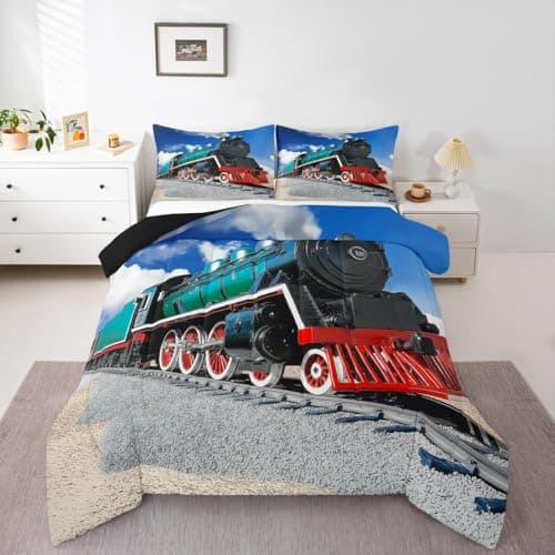 Erosebridal Train Comforter Sets Twin Size,Boys 3D Steam Engine Bedding Set Rail Vehicles Duvet Sets for Kids Teens,Soft Microfiber Down Comforter Bedroom Decor with 1 Pillow Case Blue