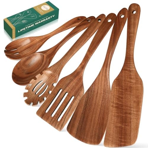 AIUHI Wooden Spoons for Cooking, 6Piece Wooden Cooking Utensils, Nonstick Kitchen Cooking Spatulas, Durbale & Sturdy, Heat Resistant, Comfortable Grip