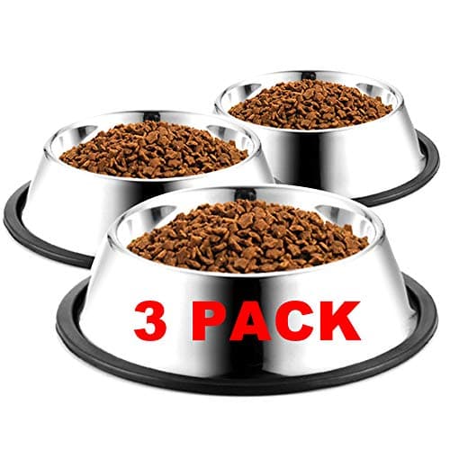 3Pack Stainless Steel Dog Bowls, 1.5 Cup Cat Bowl with Rubber Base for Cats, Puppy