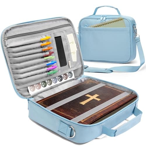 SUNEE Bible Cover for Women, Large Bible Bag w/Shoulder Strap Carrying Book Case w/Pen Slots and Zippered Pocket, Gift for Women & Men, Blue