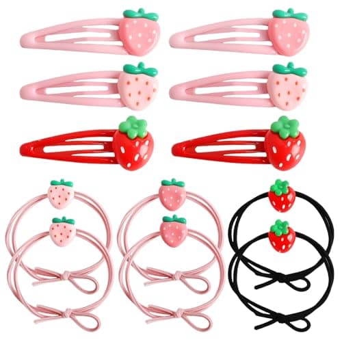 HLTOO 12PCS Strawberry Hair Clip and Hair Ties Set, Pink and Red Cute Hair Barrettes, Fruit Metal Snap Hair Accessories, for Women and Girls Hair Styling Accessories