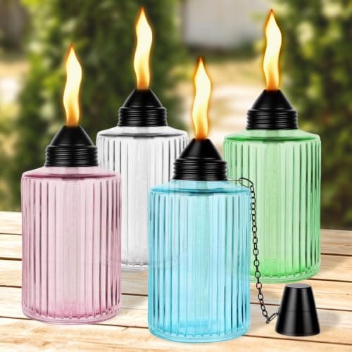 4 Pack Glass Table Top Torches, 12oz Citronella Torches Canister Flame Light Torch with Wick & Cap, Multicolor Refillable Flame Landscape Lanterns for Outside Patio Yard Garden Party Decor