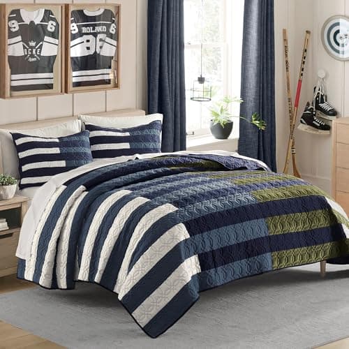Wonderful Patchwork Quilt Set, Queen All-Season Bedding, Blue Boho Coverlet Soft Multi-Material Piano Key Design,Fashionable & Novel,Versatile as Quilt/Bedspread for Adults Teens Kids Bedroom,90"x90"