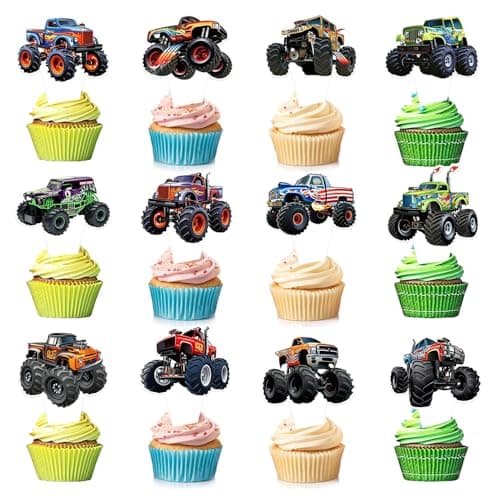 36 PCS Monster Truck Cupcake Toppers Truck Car Theme Birthday Party Decorations Racing Car Theme Birthday Decoration for Boys Girls Baby Shower Kids Cake Decorations Party Decor Party Supplies