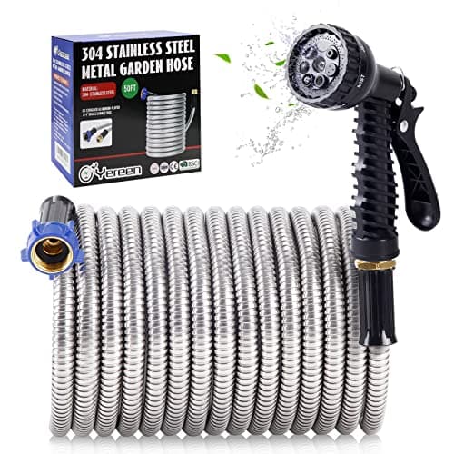 Yereen 304 Stainless Steel Garden Hose, 25 ft Metal Garden Hose with 3/4" Connector Fittings and Sprayer, Heavy Duty Kink Free Flexible Outdoor Water Hose, Blue