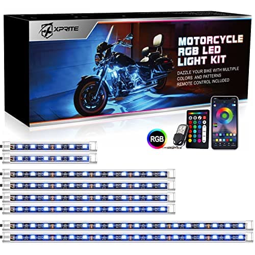 Xprite Motorcycle RGB LED Light Kit Waterproof w/Wireless Remote Control Underglow Neon Lights Strips Red Brake Lamp Function for Harley Davidson Honda Kawasaki Suzuki 8PCS