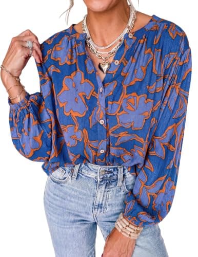 PRETTYGARDEN Women's Boho Tops Fall Long Sleeve Button Down Floral Blouses