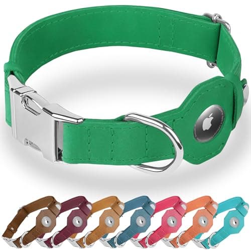 BUDKAS Leather Dog Collar with Airtag Holder - Soft Adjustable Airtag Dog Collar with Metal Buckle - GPS Tracking Apple Air Tag Pet Collar for Small Large Dogs (Green, S, 12"-15" Neck Fit)