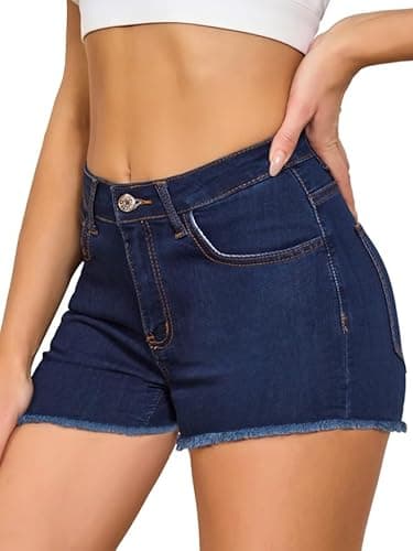 VIPONES Women Jean Shorts High Waisted Stretchy Frayed Raw Hem Vintage Casual Denim Shorts（88-Indigo,16）