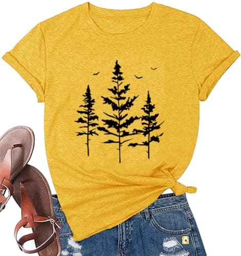 Women Summer Nature Forest Tree Shirts Funny Hiking Athletic Tees, Yellow S