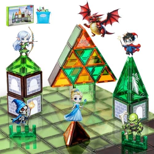 Dragon & Princess Magnetic Tiles for Kids 5-8 – Fantasy World Building Blocks with Monster, Wizard, Elf, Skeleton, STEM Toy for Boys & Girls, Christmas Birthday Gift