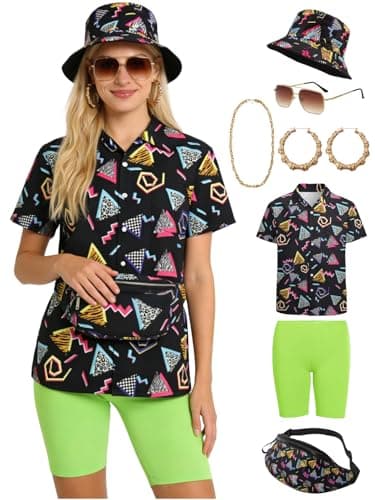 Verceco 80s 90s Outfits for Women Unisex Hip Hop Women Costume Accessory Sets Retro 90s Themed Party Outfits 7PC 80s Fashion Clothes (Black, S)