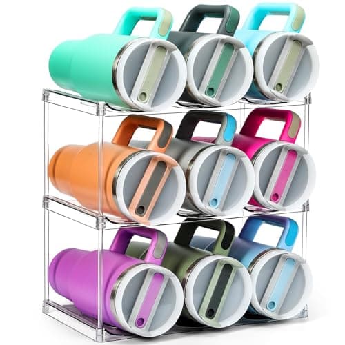 Design for Stanley 40 OZ & Large Bottles & Tumblers with Handle, Acrylic Water Bottle Organizer - Stackable Clear Wine Rack, Cup Holder for Home Kitchen Pantry Shelf Countertop Cabinet, 3 Tier Hold 9