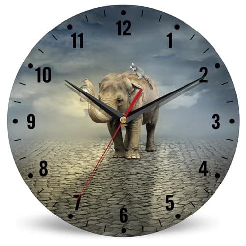 SPUNKER Wall Clock,Elephant Wall Clocks,African Animals Lantern Battery Operated Wall Clock Silent Non-Ticking Decorative for Home Kitchen Bathroom Living Room Bedroom Office 10 Inch