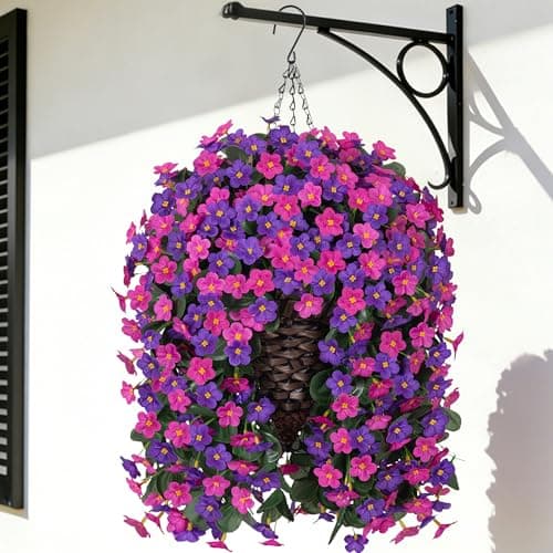 MJFloria Artificial Flowers Baskets for Outdoor Decoration, Fake Hanging Plants Silk Dark Purple Fuchsia Daisy Mums Trailing Vines in Planter Realistic UV Resistant for Balcony Porch Decor