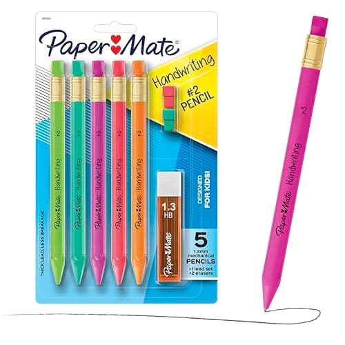 Paper Mate Handwriting Triangular Mechanical Pencil Set with Lead & Eraser Refills, 1.3mm, 8 Count - Back to School, Teacher Supplies, Home, Kids Writing, Fun Barrel Colors
