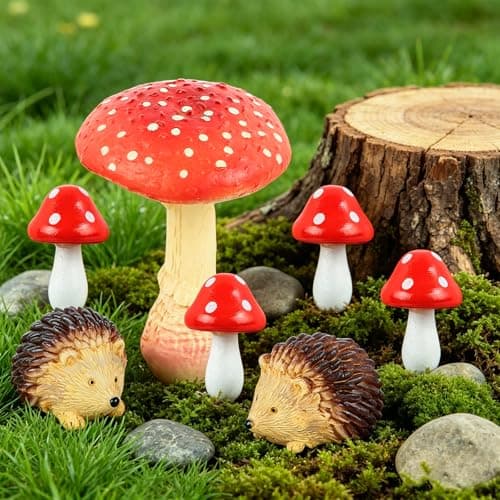 BRIOYHA Miniature Red Mushroom & Hedgehog Figurines – Micro Landscape Decor for Home, Realistic Garden Ornaments for Bonsai, Diorama & Terrarium
