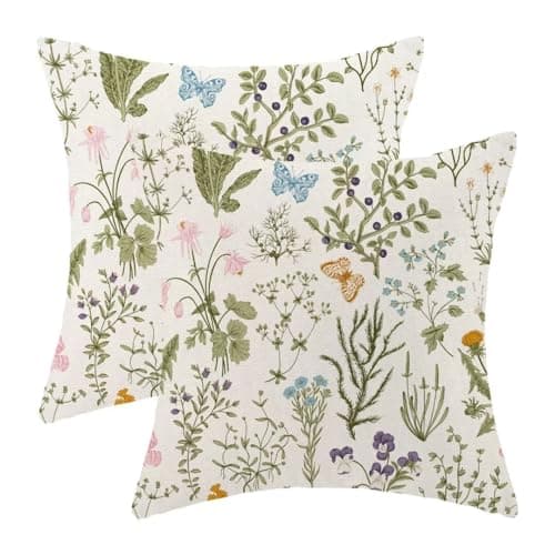 AEIOAE Spring Sage Green Pillow Covers 18 X 18 Inch Set of 2, Wild Flower Plant Decorative Throw Pillow Covers Farmhouse Floral Outdoor Pillows for Couch Home Sofa Living Room