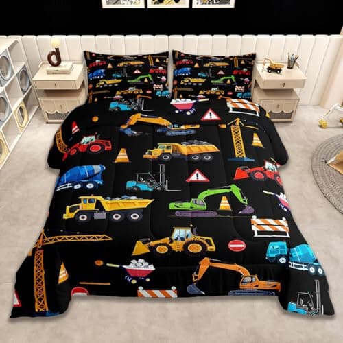Feelyou Construction Vehicles Bedding Set Soft for Boys Girls, Black Excavator Comforter Set Twin Size Equipment Trucks Duvet Quilt Microfiber Bedroom Decor 2 Pcs with 1 Pillow Cases