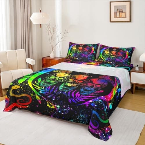 Erosebridal Gothic Skull Sheet Set Full Size Bohemian Skeleton Sheets,Neon Glowing Colored Bed Sheets Psychedelic Constellations Fitted Sheet Hippie Celestial Decor Black,Breathable