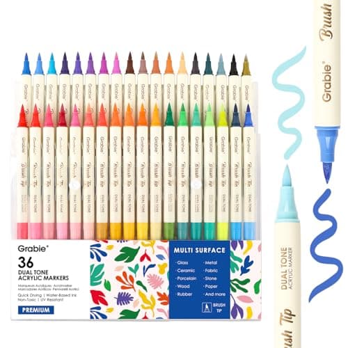 Grabie 72 Colors Acrylic Paint Markers, 36 Pack Dual Tip Soft Brush Acrylic Markers, Water-Based Paint Pens for Paper, Rock Painting, Wood, Canvas, Glass, Fabric, DIY Craft Art Supplies for All Ages