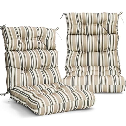 EAGLE PEAK Tufted Outdoor/Indoor High Back Patio Chair Cushions, 2 Pack, 46'' x 22'', Beige Stripes