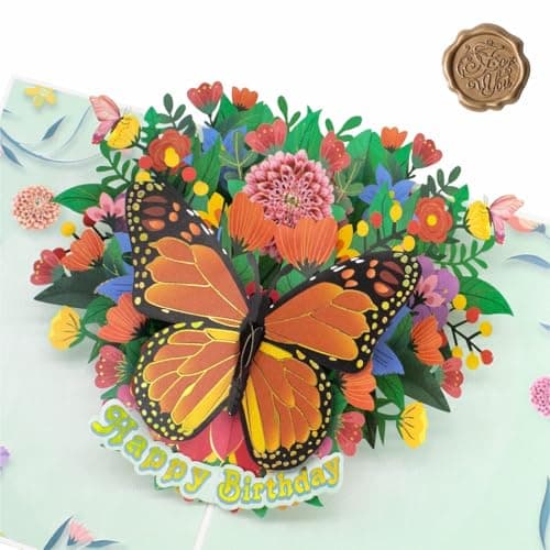 3D Pop Up Birthday Card for Women - Smiling Monarch Butterfly Floral Card