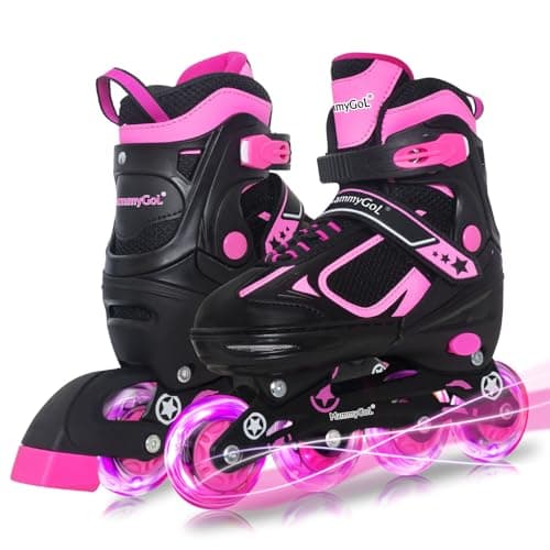 MammyGol Adjustable Inline Skates for Girls Kids Boys Youth with Light up Wheels, Rose Red Beginner Blades Roller Skates for Boys Size 10 11 12 13 Ages 4-12