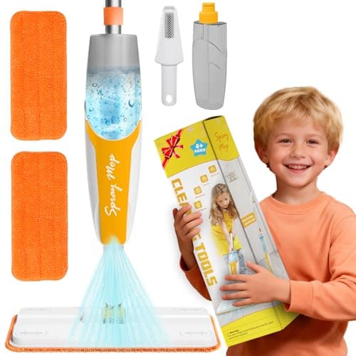 Kids Spray Mop Toy with 420ML Refillable Water Bottle, Montessori Toddler Cleaning Set for Real Floor Cleaning, Pretend Play Toy Housekeeping Kit with 2 Washable Microfiber Pads and Scraper, Orange