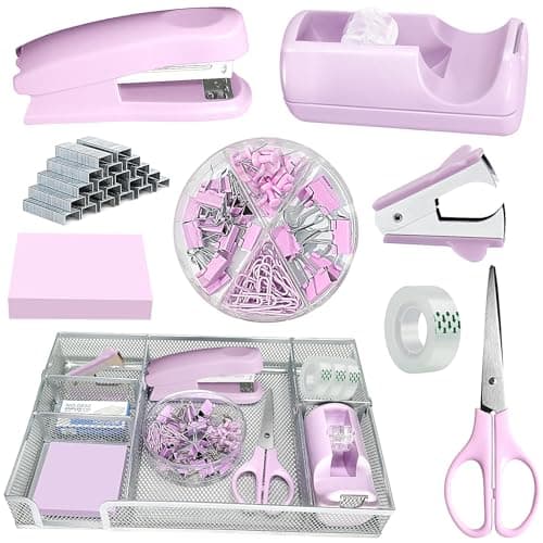 Purple Office Desk Accessories,Purple Office Supplies Set,Stapler and Tape Dispenser Set,Tape,Staple Remover, Staples,Paper Clips,Scissor,Sticky Note and Desk Drawer Organizer